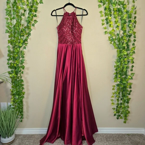 B. Darlin Women's Red Satin Sequin Halter Top Side Slit Maxi Dress Gown Sz 3/4 - Picture 1 of 16